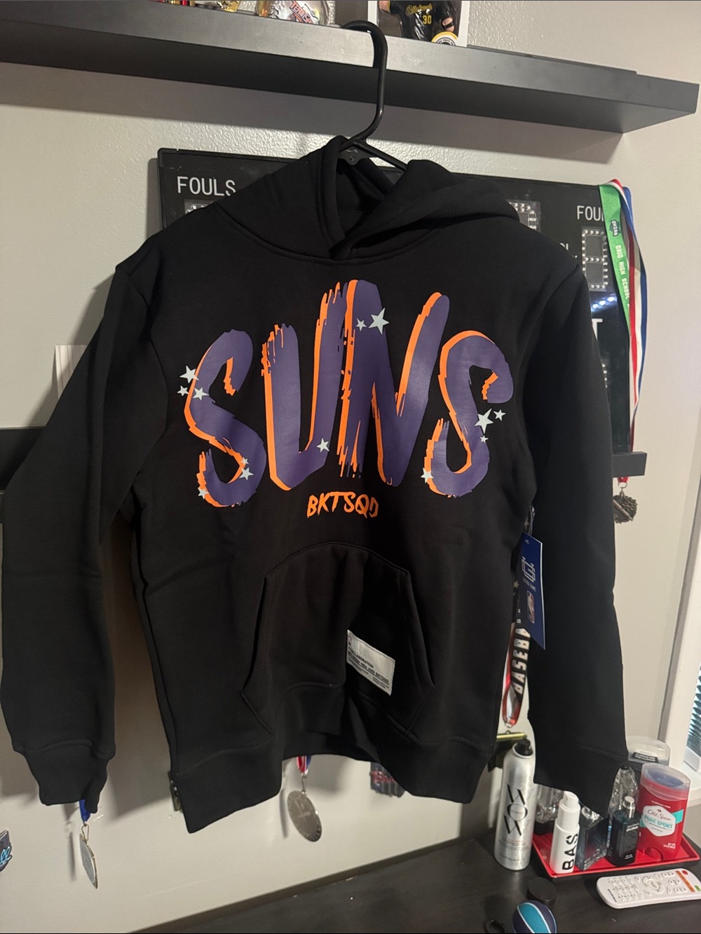 NWT. Size YL. BKTSQD Kids Black Phoenix Suns Graphic Hoodie - Orange & Purple